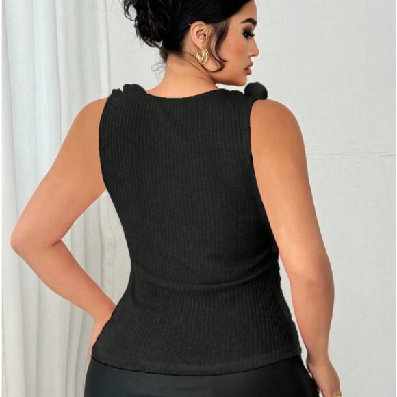 Elenzga Plus Size 14 1XL Women 3D Floral Decor Ribbed Square Neck Tank Top Black - Picture 2 of 5